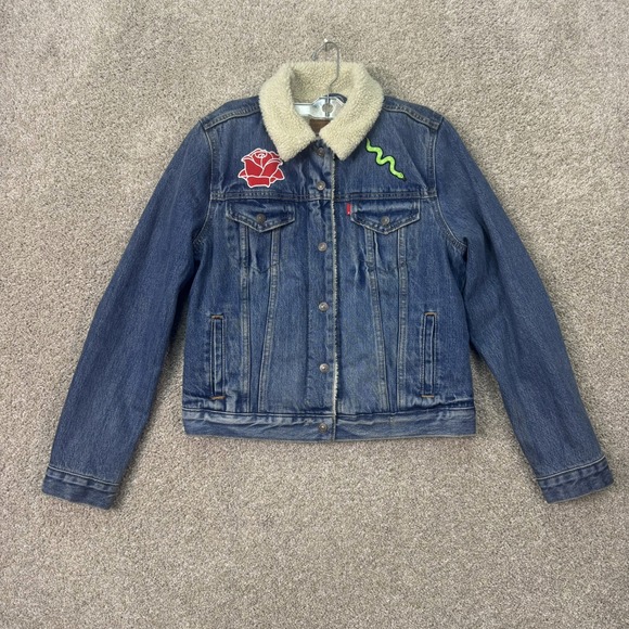 Levi's Premium Jackets & Blazers - Levi's Premium Sherpa Trucker Jacket Womens Medium Blue Rose Snake Patches